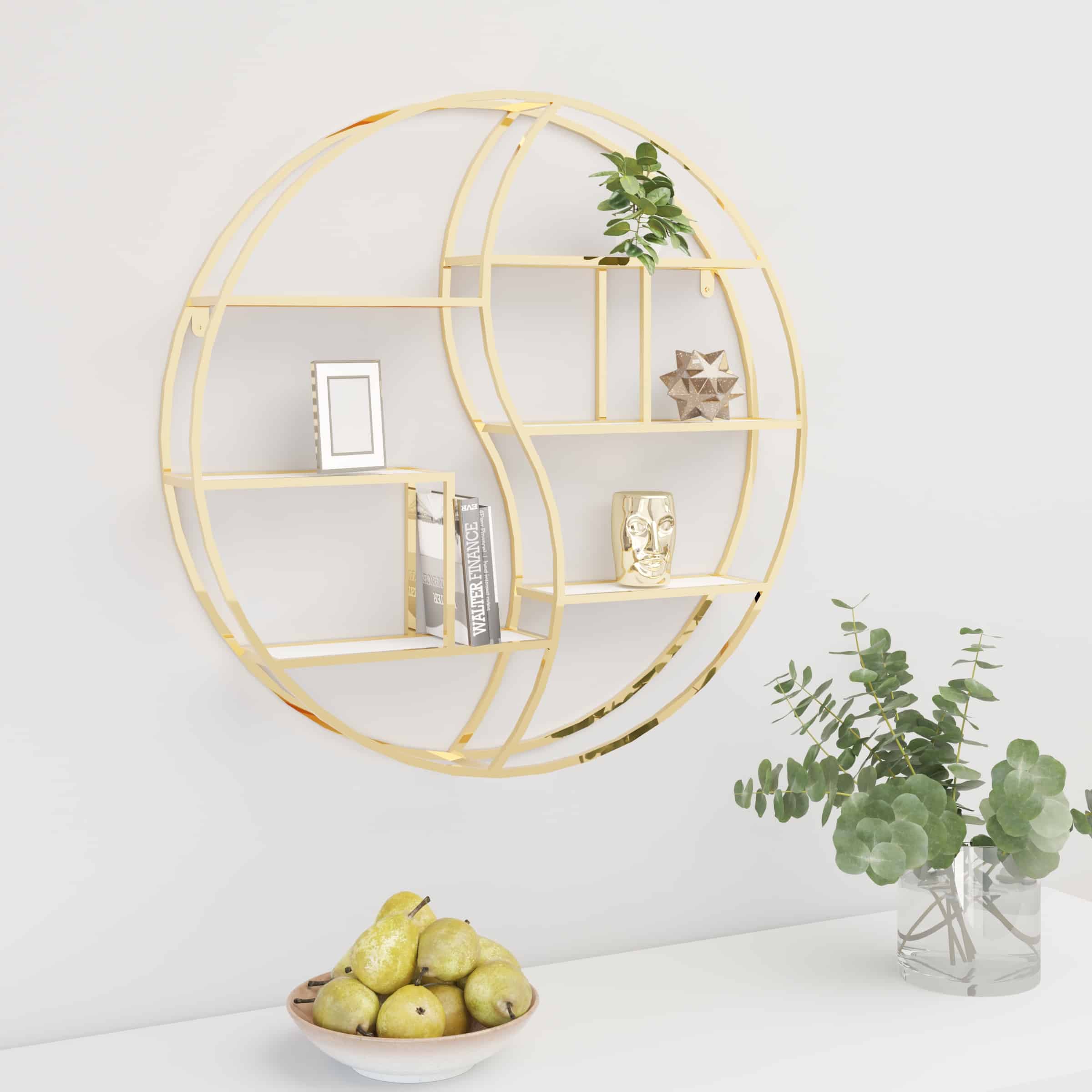 כוננית מדפים מעוצבת עיגול לתליה על קיר דגם ליאור צבע זהב עם לבן – תמונה 4
