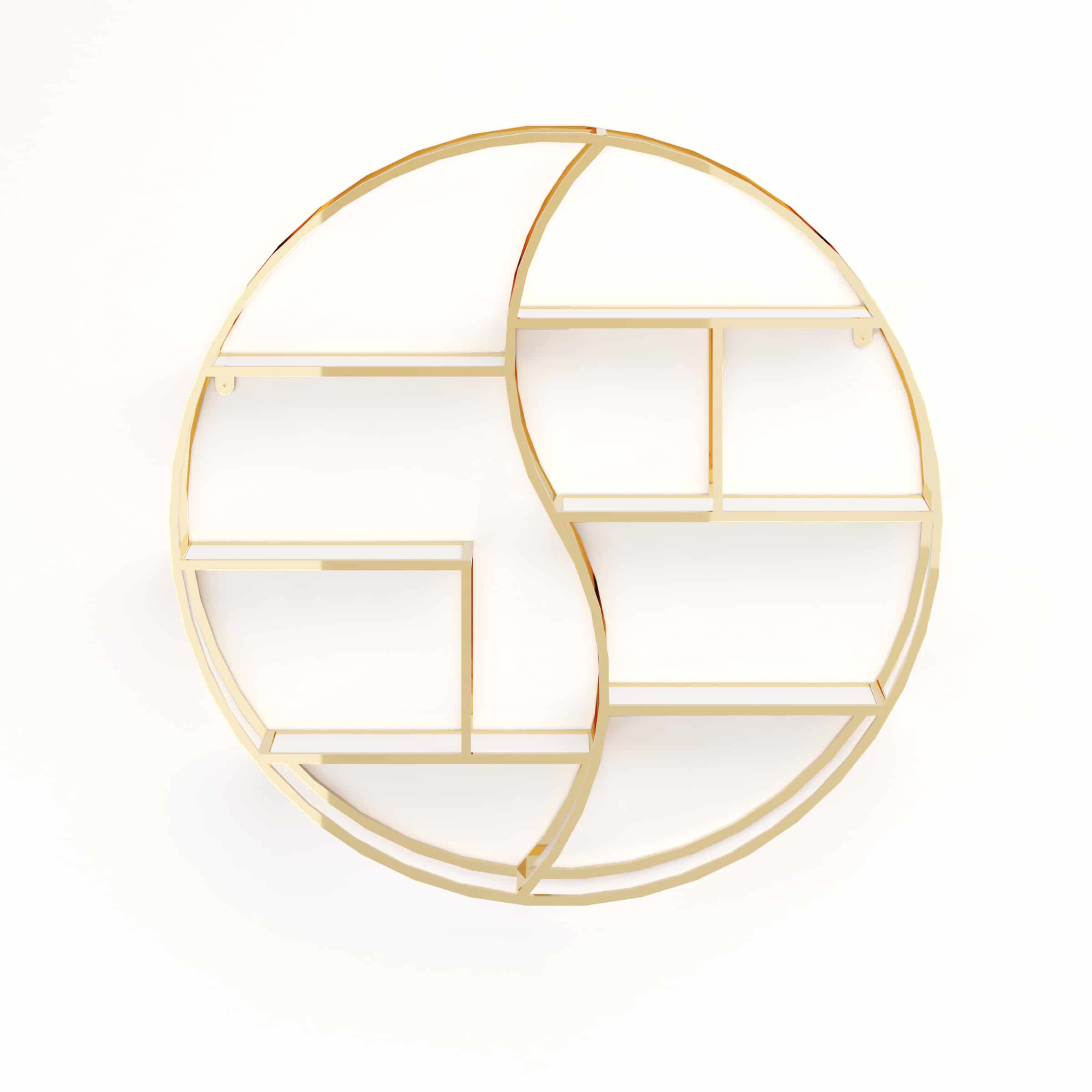 כוננית מדפים מעוצבת עיגול לתליה על קיר דגם ליאור צבע זהב עם לבן – תמונה 2