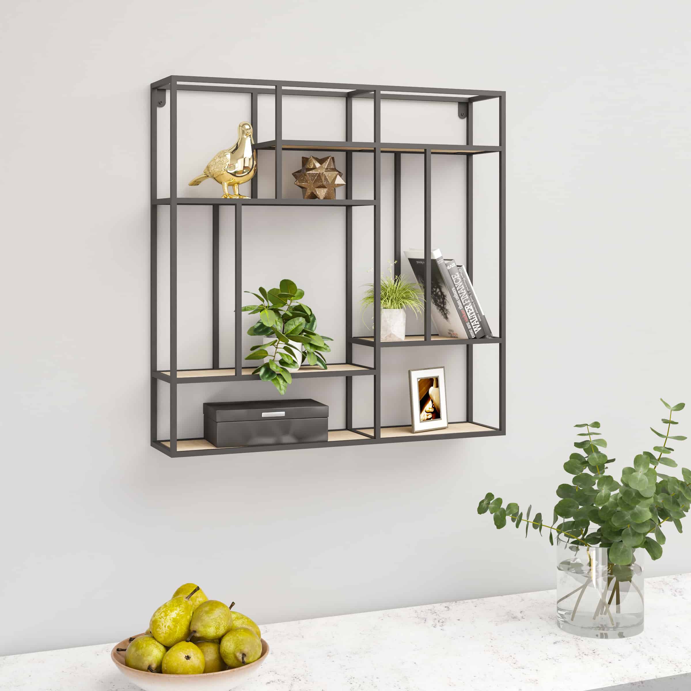 כוננית 5 מדפים מעוצבת לתליה על קיר דגם עדי צבע שחור עם אלון – תמונה 3