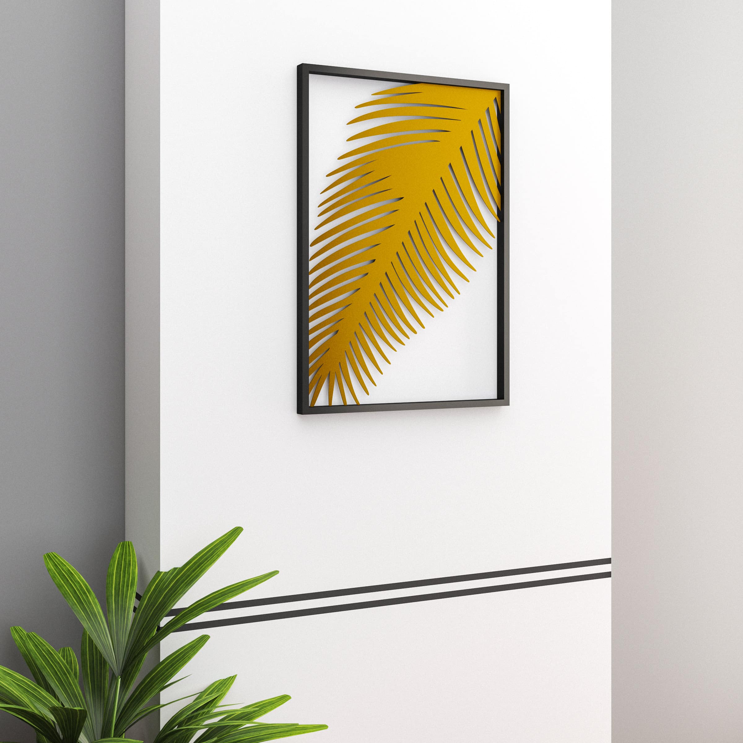 תמונה ממתכת בעיצוב ענף דקל בצבע זהב עם מסגרת שחורה 50*35 ס"מ – תמונה 4