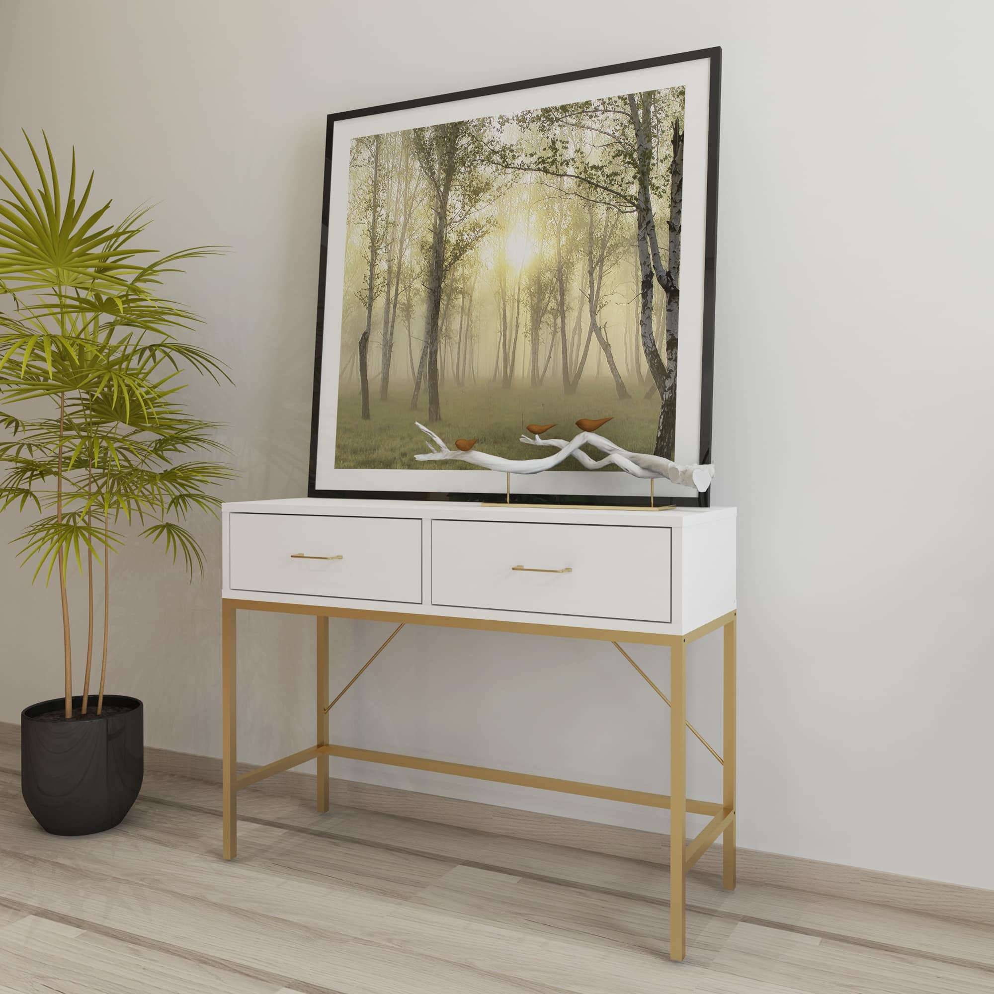 קונסולת כניסה למסדרון לבית מעוצבת עץ ומתכת בציפוי זהב ולבן + 2 מגירות דגם ליהי – תמונה 3