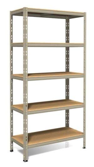 כוננית 5 מדפים פוקרינו – למחסן ולבית, העמסה עד 200 ק"ג על מדף ממתכת בצבע אפור מגורען בשילוב מדפי עץ 40X90X180