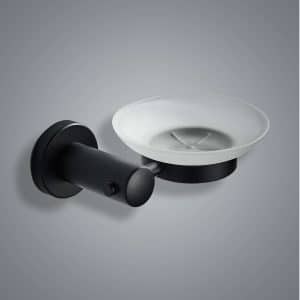 סבוניה מנירוסטה לתליה עם קערת זכוכית לסבון מוצק – שחור