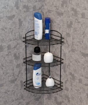 מדף רשת פינתי 3 קומות למקלחת – שחור