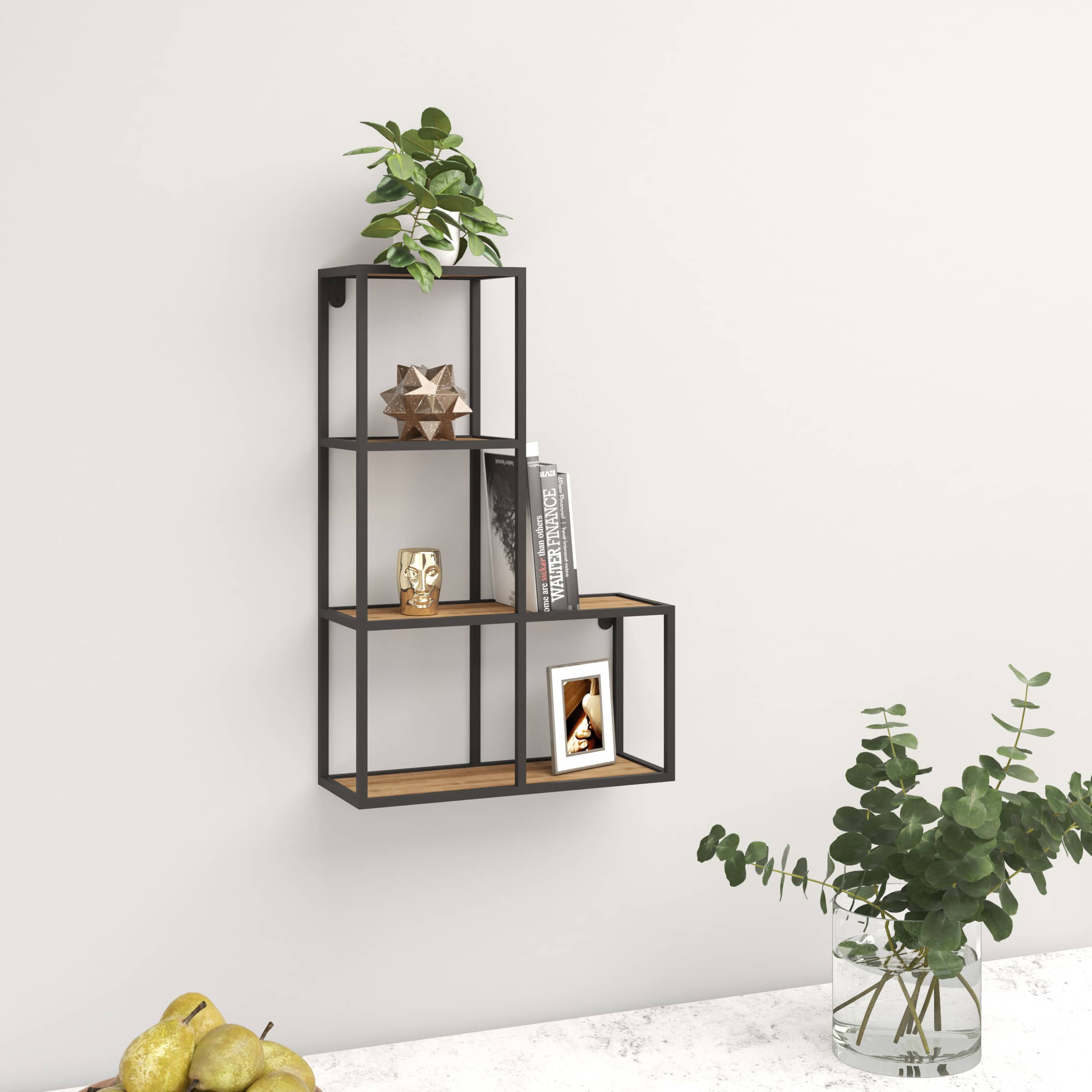 כוננית 4 מדפים מעוצבת כוורת לתליה על קיר דגם איתן צבע שחור עם אגוז