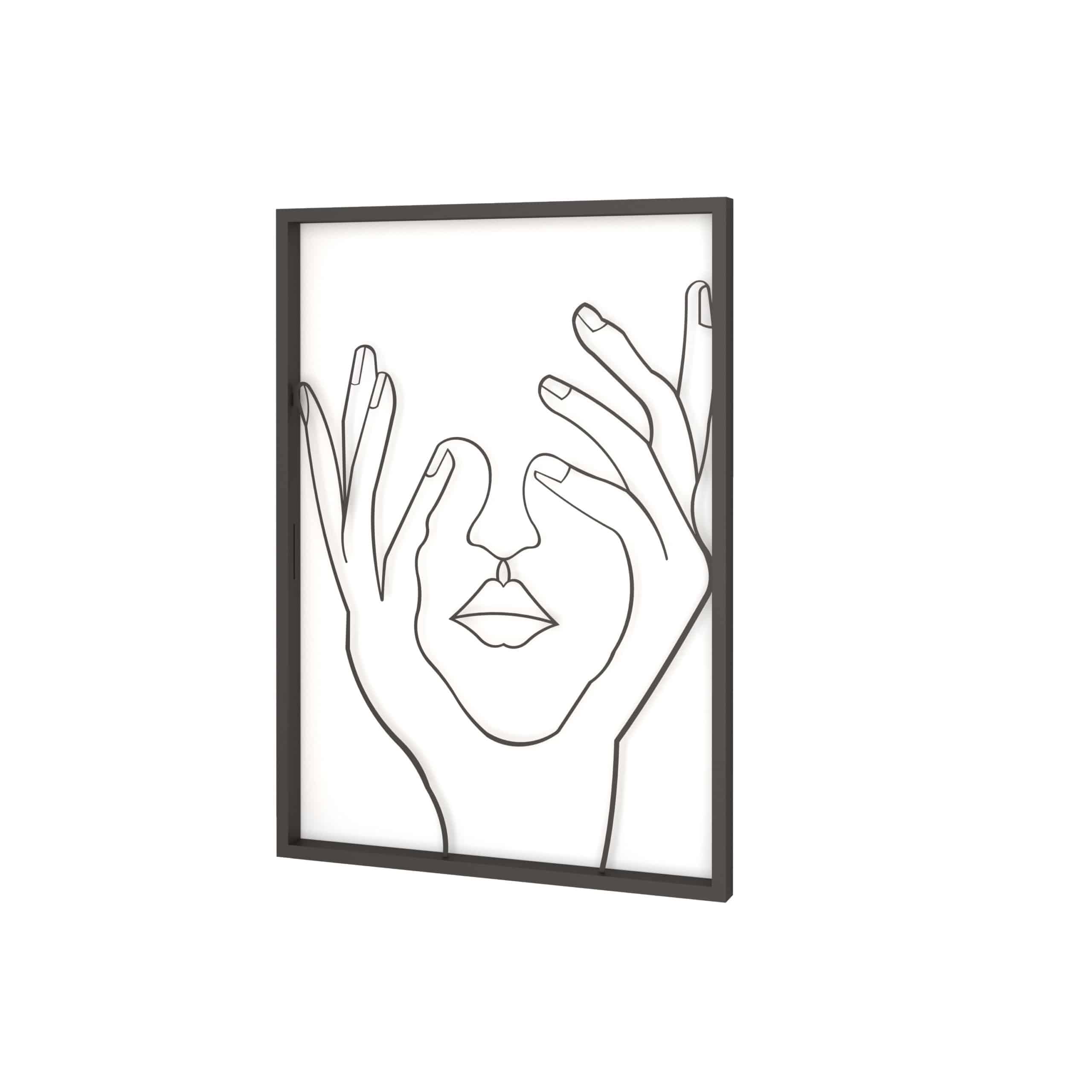 תמונה ממתכת בעיצוב פני אישה עם ידיים בצבע שחור עם מסגרת שחורה 50*70 ס''מ – תמונה 3