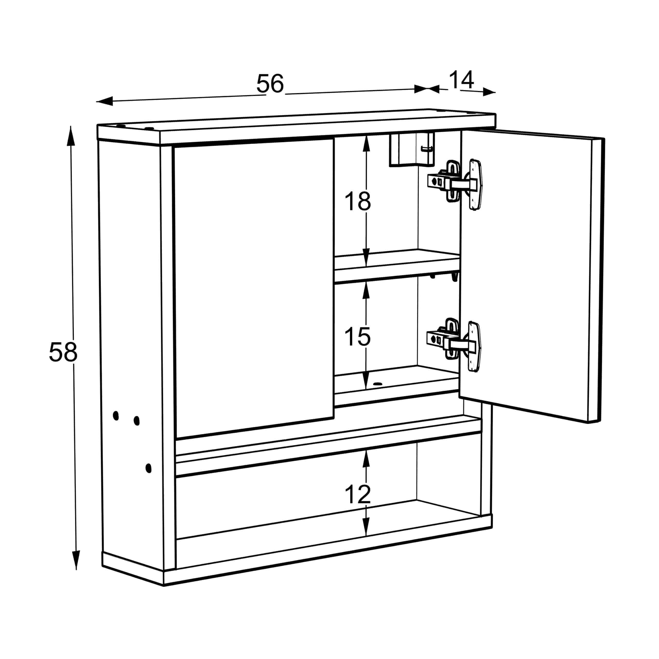 ארון מקלחת 2 דלתות מראה עם 3 מדפים ומדף 1 צר דגם נאור – תמונה 2
