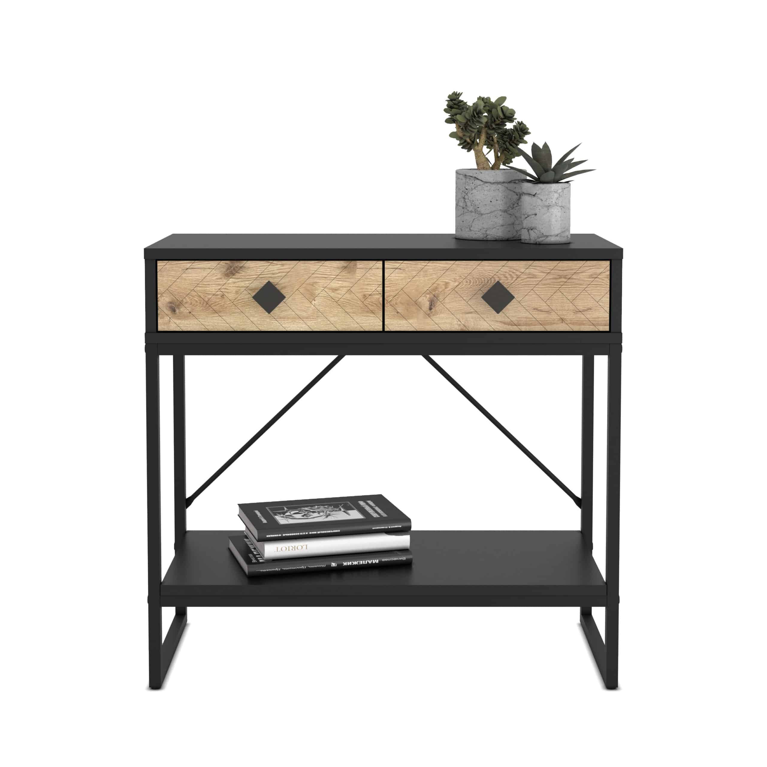 קונסולת כניסה למסדרון לבית מעוצבת עץ אלון ומתכת שחורה