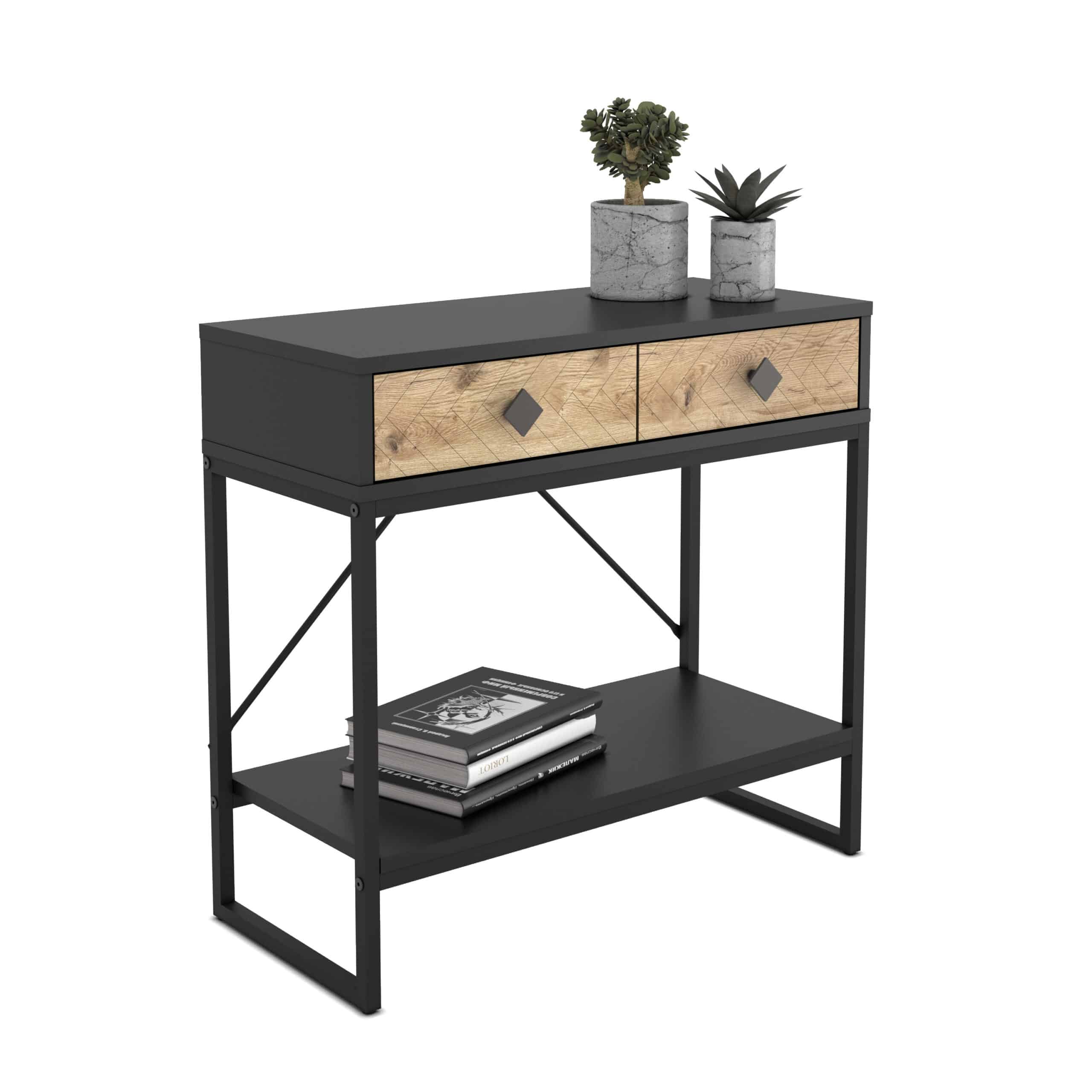 קונסולת כניסה למסדרון לבית מעוצבת עץ ומתכת שחורה + 2 מגירות דגם עופרי