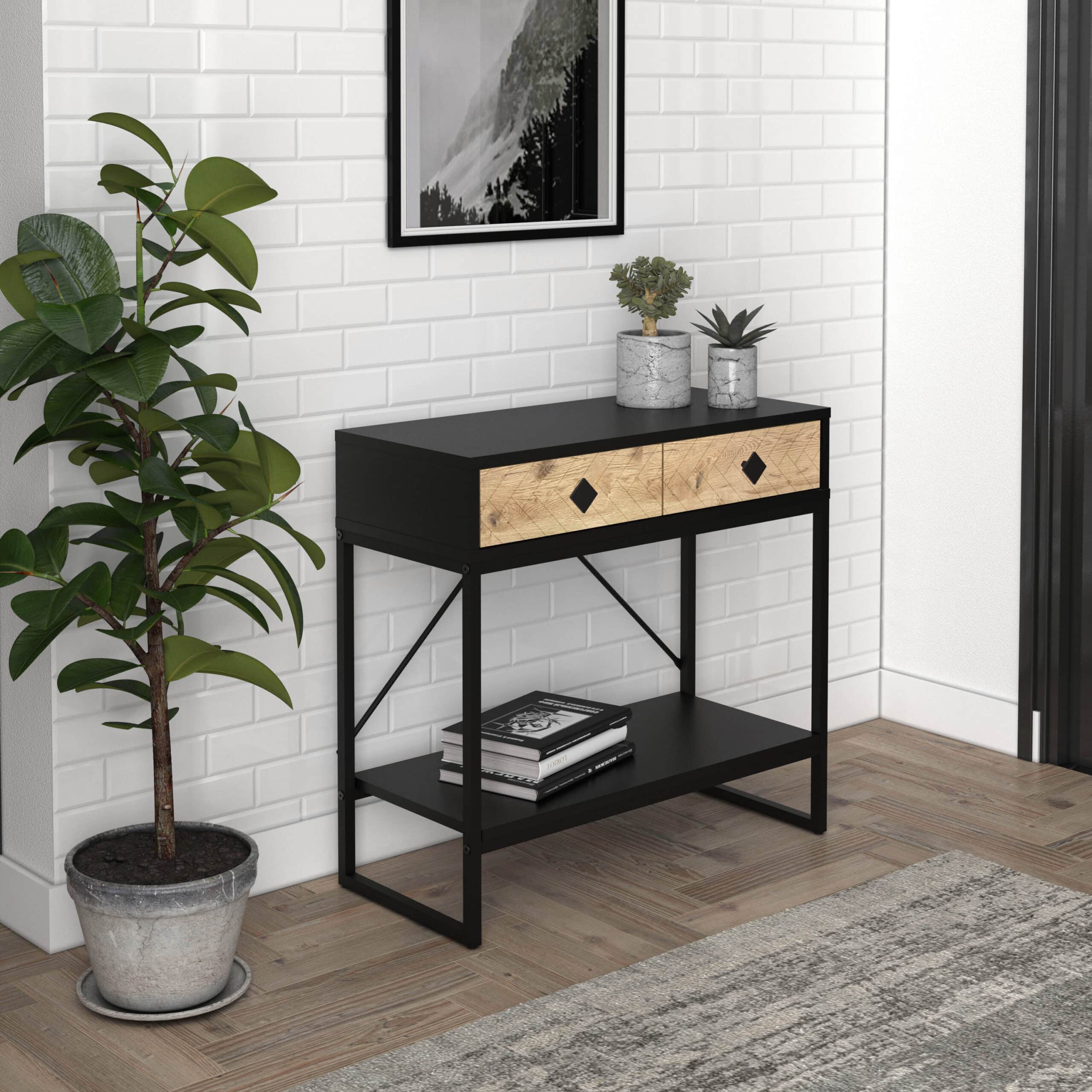 קונסולת כניסה למסדרון לבית מעוצבת עץ ומתכת שחורה + 2 מגירות דגם עופרי – תמונה 3