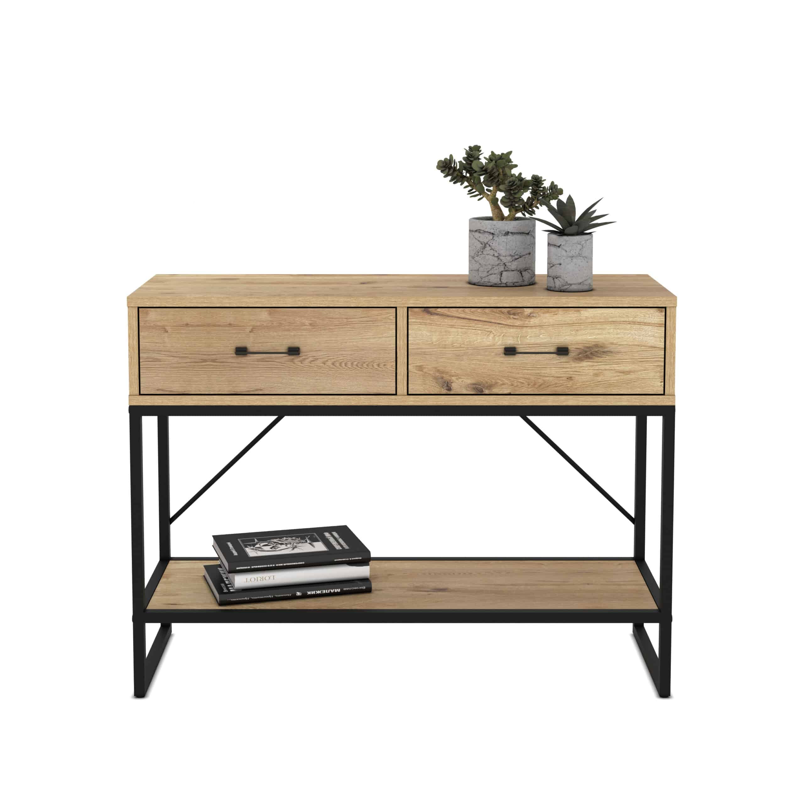 קונסולת כניסה למסדרון לבית מעוצבת עץ אלון מעושן ומתכת שחורה