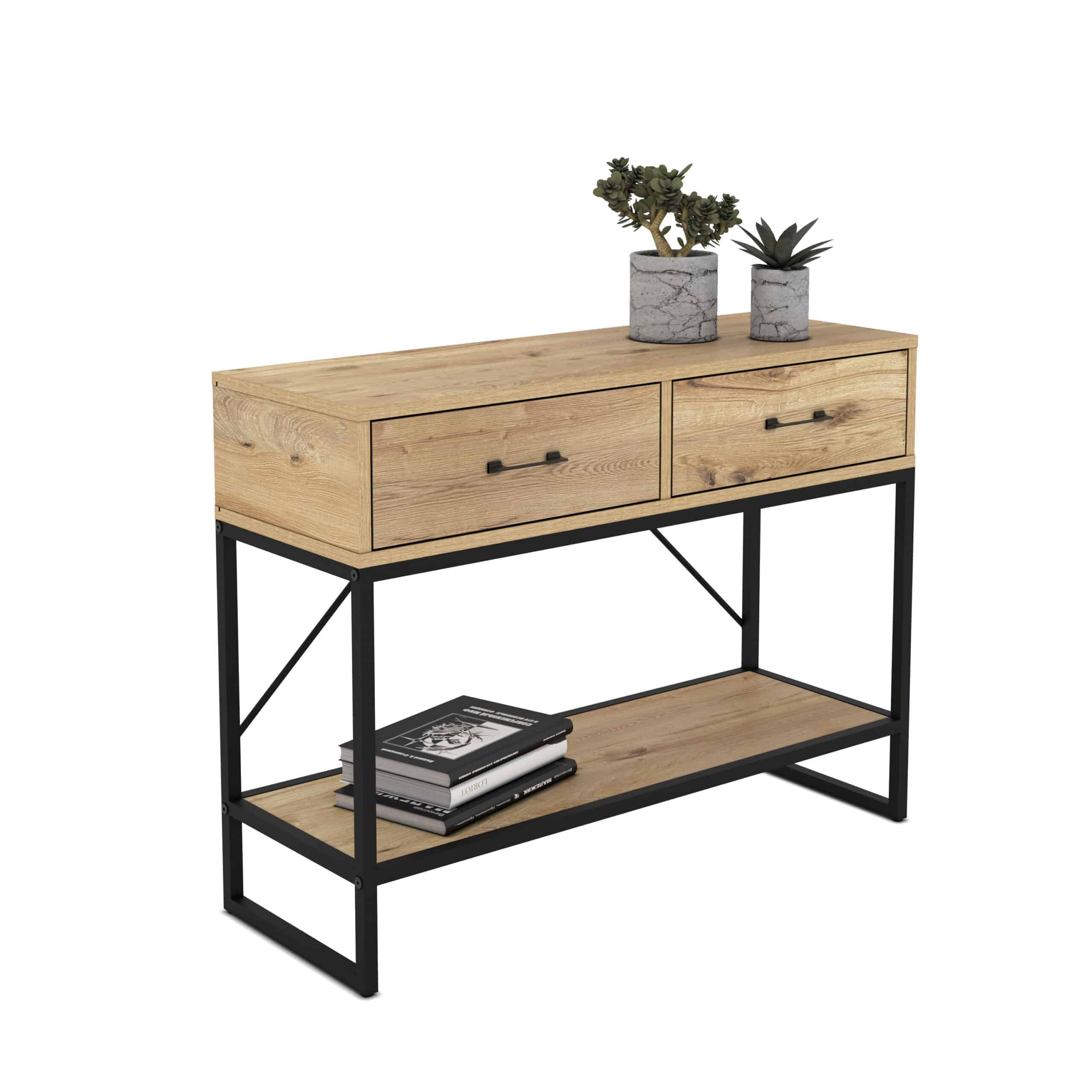 קונסולת כניסה למסדרון לבית מעוצבת עץ אלון מעושן ומתכת שחורה