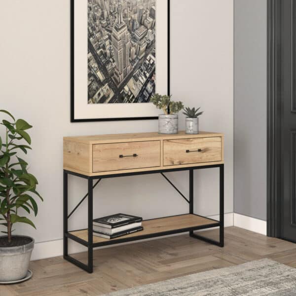 קונסולת כניסה למסדרון לבית מעוצבת עץ אלון ומתכת שחורה + 2 מגירות דגם יובל – תמונה 3