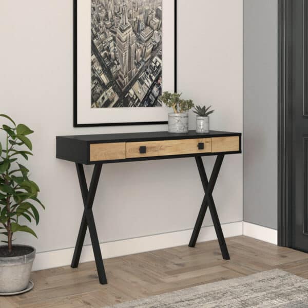 קונסולת כניסה למסדרון לבית מעוצבת עץ אלון ומתכת שחורה דגם עדן – תמונה 3