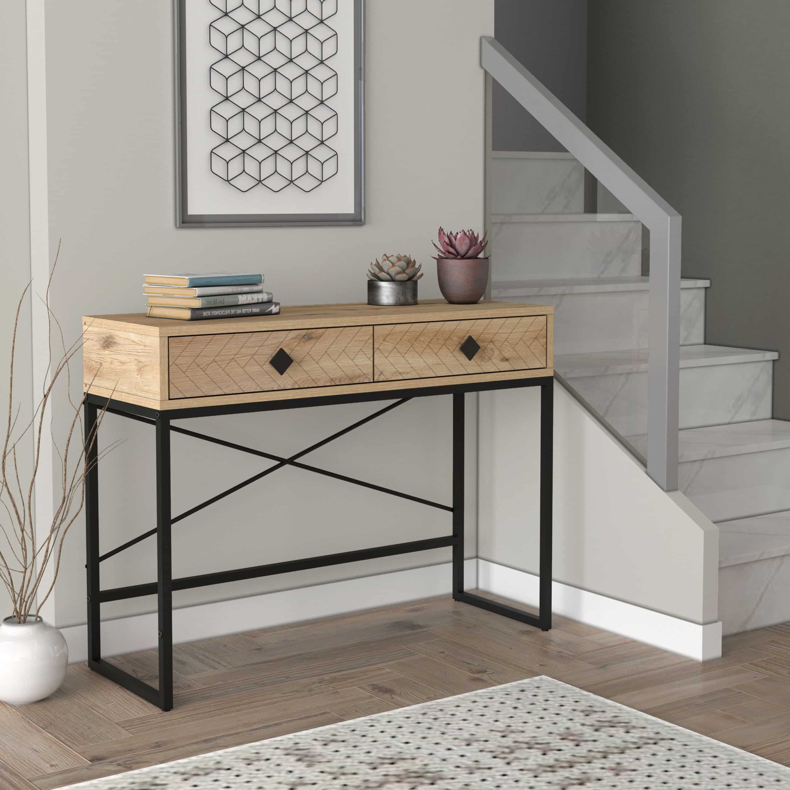 קונסולת כניסה למסדרון לבית מעוצבת עץ אלון ומתכת שחורה + 2 מגירות דגם אמילי – תמונה 3