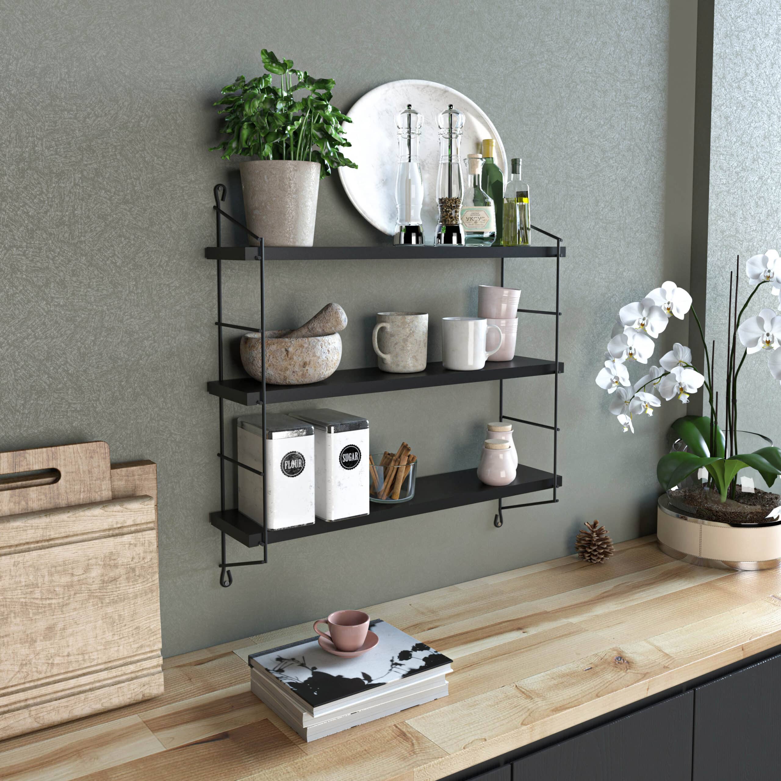 כוננית 3 מדפים עץ לתליה 60*62*15 שחור – תמונה 2