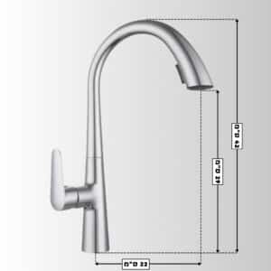 ברז נשלף ניצב לכיור מטבח פיה קשתית גבוהה גימור כרום מוברש