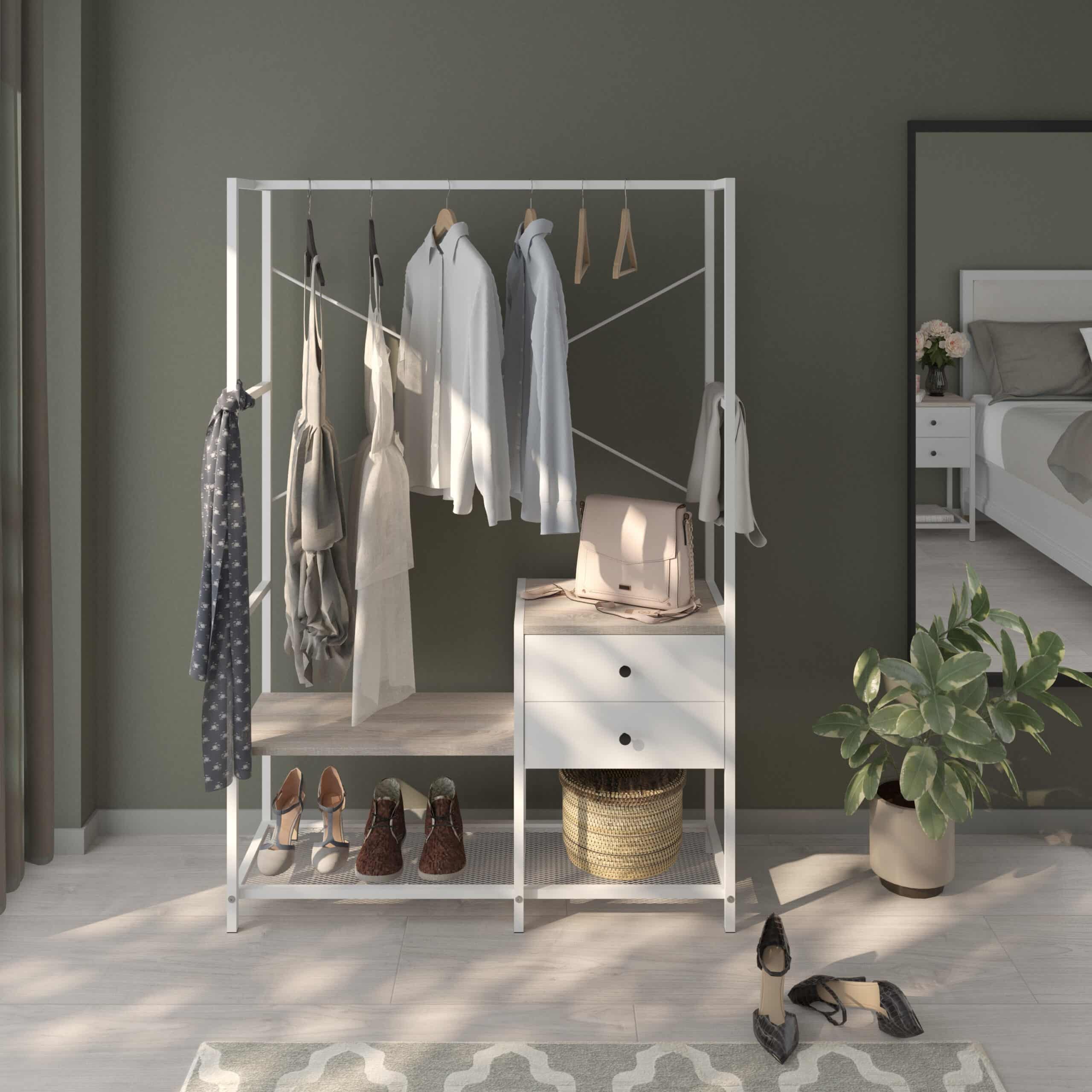 ארון בגדים פתוח אלון-לבן ושתי מגירות – תמונה 3