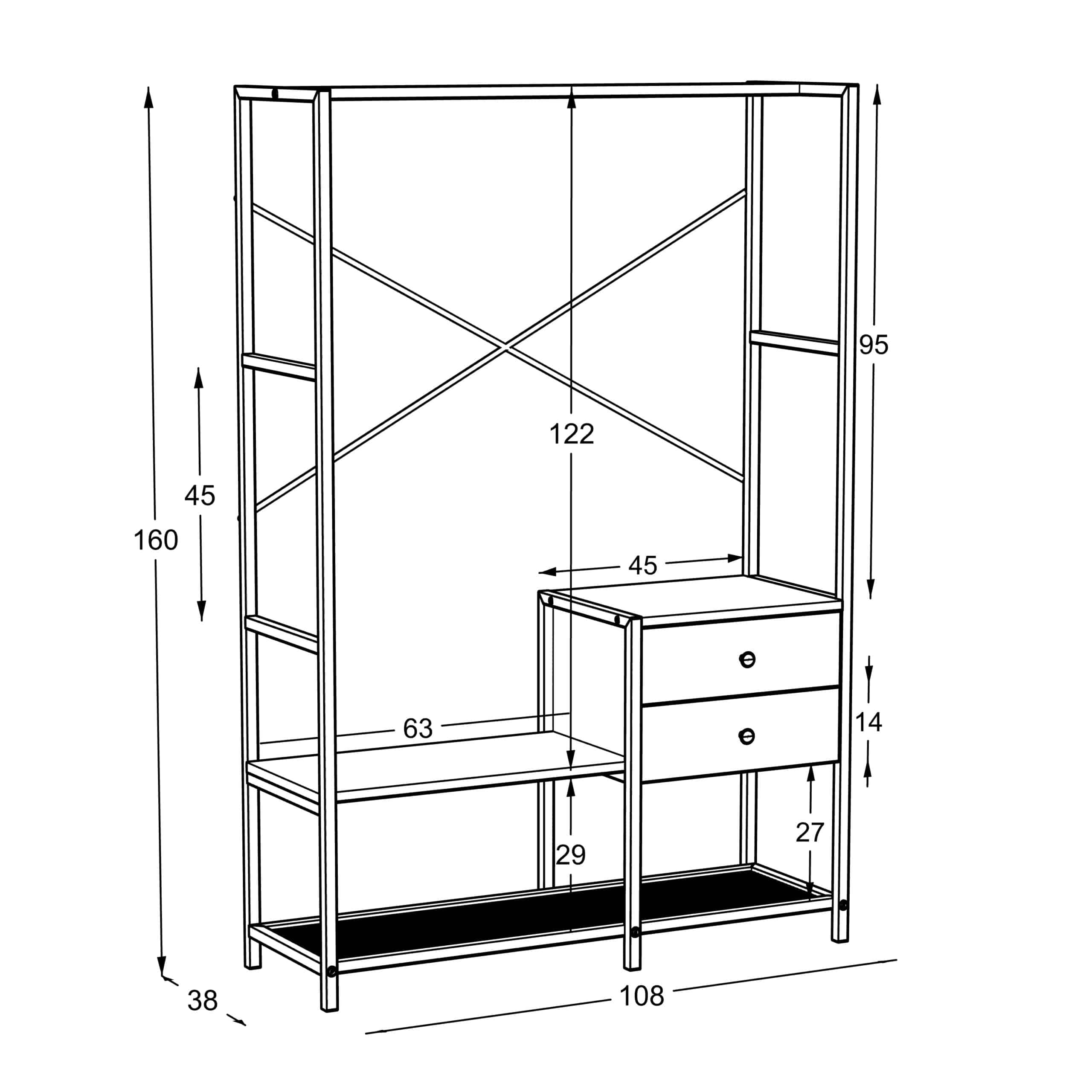 ארון בגדים פתוח אלון-לבן ושתי מגירות – תמונה 2