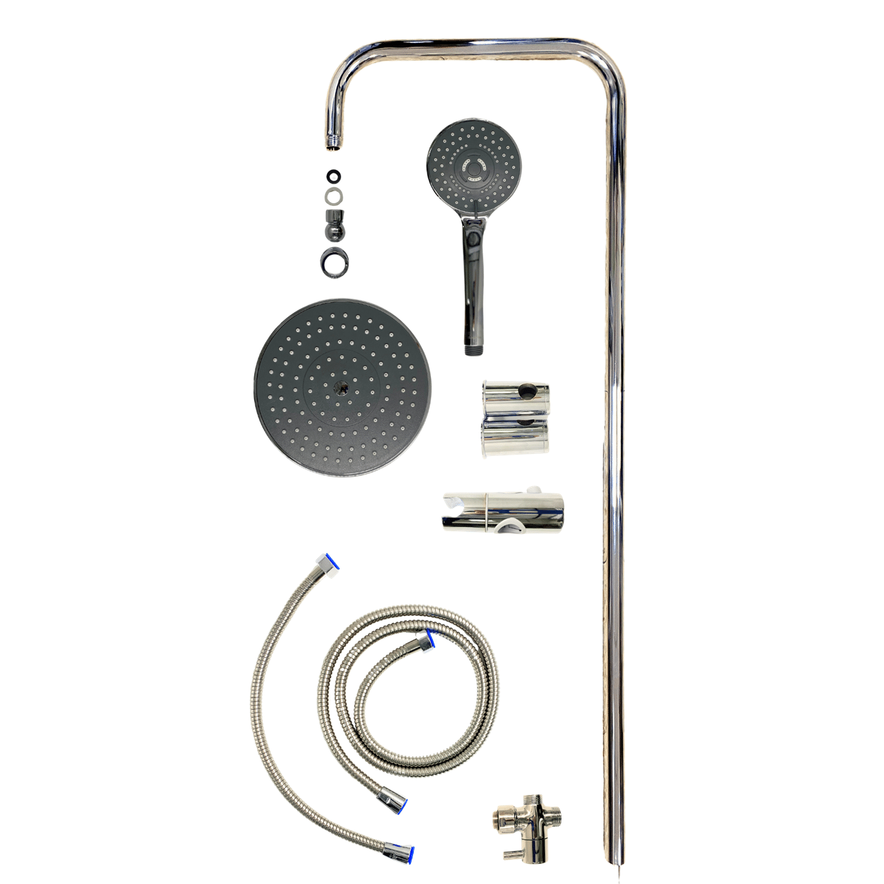 סט מערכת רחצה למקלחת משולבת ראש גשם עם מזלף + צינור, מוט מתכוונן וסבוניה. – תמונה 3
